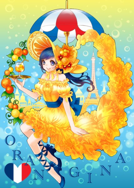 Anime picture 1000x1402 with original orangina yuzu 5101 single long hair tall image open mouth purple eyes bare shoulders blue hair flag print france girl dress hat umbrella flag cocktail glass orange (fruit) eiffel tower