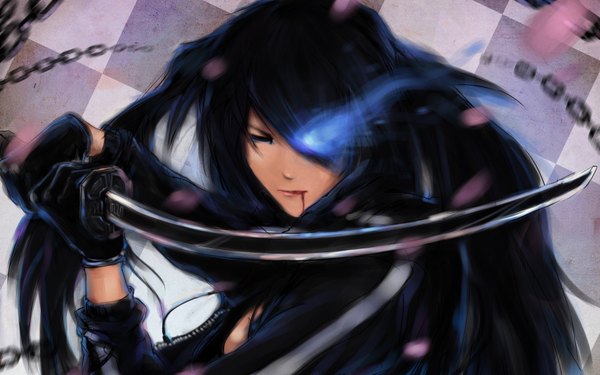 Anime picture 1680x1050 with black rock shooter black rock shooter (character) single long hair wide image standing twintails blue hair glowing glowing eye (eyes) checkered background girl gloves weapon petals sword katana blood chain
