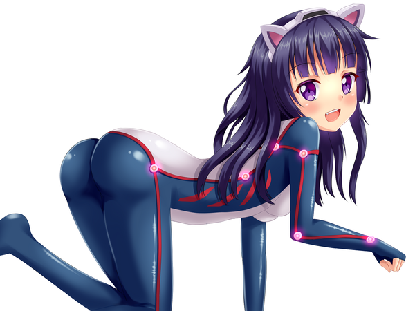 Anime picture 1600x1200 with guilty crown production i.g tsugumi nottytiffy single long hair looking at viewer blush breasts open mouth light erotic simple background white background purple eyes animal ears purple hair ass cat ears fake animal ears arched back