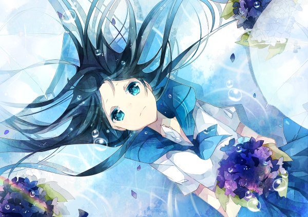 Anime picture 1200x848 with original omutatsu single long hair looking at viewer black hair aqua eyes girl uniform flower (flowers) school uniform petals bubble (bubbles) bouquet rainbow