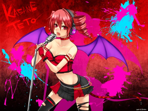 Anime picture 1600x1200 with utau kasane teto single long hair open mouth red eyes bare shoulders red hair teeth fang (fangs) drill hair girl thighhighs navel black thighhighs miniskirt wings headphones collar torn thighhighs