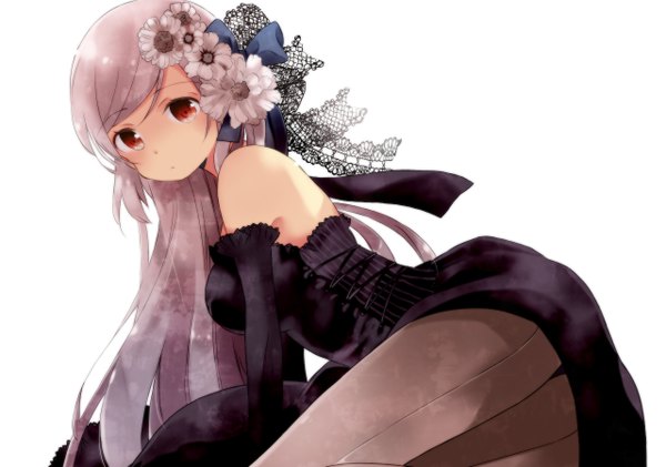 Anime picture 1280x900 with tagme (character) flankoi (jiqingjie2008) single long hair looking at viewer blush simple background red eyes white background pink hair hair flower tears on side crying girl dress gloves hair ornament flower (flowers) bow