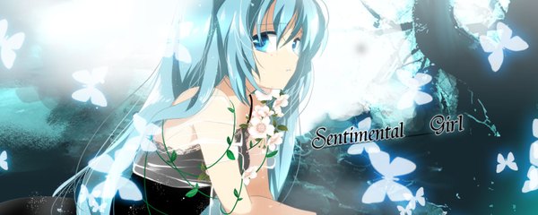 Anime picture 1500x600 with vocaloid hatsune miku marirero a single long hair wide image twintails aqua eyes aqua hair girl dress flower (flowers) insect butterfly
