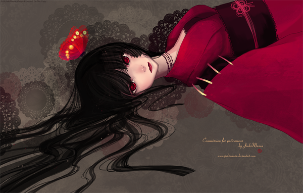 Anime picture 1182x754 with original jinkimania (artist) single long hair black hair red eyes blunt bangs japanese clothes lips lipstick red lipstick makeup girl belt kimono insect butterfly obi