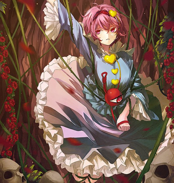 Anime picture 855x900 with touhou komeiji satori eredhen single tall image fringe short hair looking away pink hair pink eyes outstretched arm bondage girl flower (flowers) petals frills heart headband skull eyeball