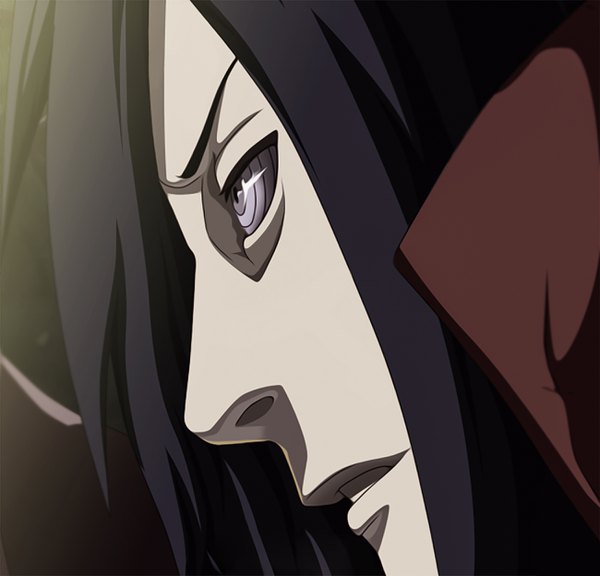 Anime picture 1300x1248 with naruto studio pierrot naruto (series) uchiha madara gedi single long hair black hair purple eyes looking away parted lips profile close-up rinnegan boy