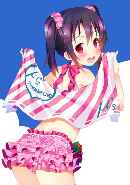Anime picture 707x1000 with love live! school idol project sunrise (studio) love live! yazawa nico meito (maze) single tall image looking at viewer blush short hair open mouth black hair smile purple eyes twintails bare shoulders looking back teeth turning head girl