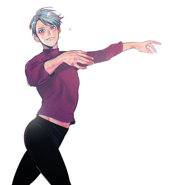 Anime picture 1000x1068 with yuri!!! on ice mappa viktor nikiforov kaneko (keumza) single tall image looking at viewer blush short hair blue eyes simple background white background silver hair parted lips sweat groin spread arms arched back dancing boy