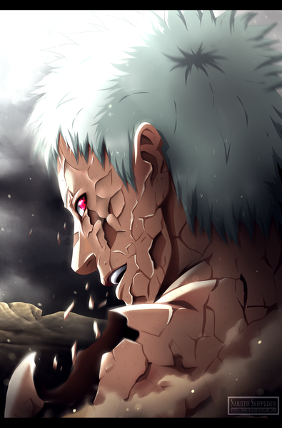 Anime picture 1980x3003 with naruto studio pierrot naruto (series) uchiha obito tobi kortrex single tall image highres short hair open mouth smile white hair profile pink eyes looking back sunlight coloring letterboxed scar