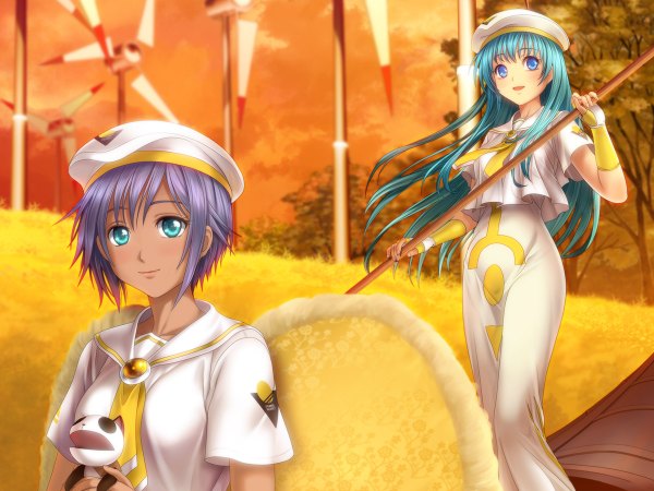 Anime picture 1200x900 with aria alice carroll athena glory president maa mutsuki (moonknives) long hair short hair blue eyes smile multiple girls purple hair aqua eyes aqua hair girl 2 girls plant (plants) tree (trees) wind turbine