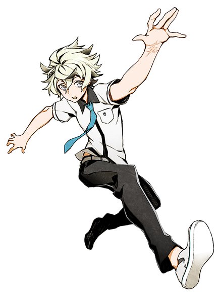 Anime picture 585x812 with kiznaiver studio trigger agata katsuhira miwa shirow single tall image looking at viewer short hair open mouth simple background white background full body white hair grey eyes scar running boy shirt necktie white shirt