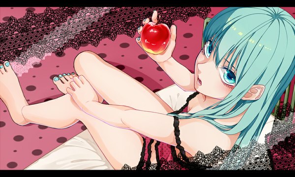 Anime picture 1000x601 with vocaloid romeo to cinderella (vocaloid) hatsune miku take (mikku-miku) single long hair looking at viewer fringe open mouth light erotic hair between eyes wide image sitting nail polish aqua eyes aqua hair letterboxed girl underwear panties