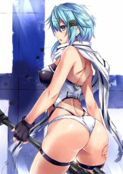 Anime picture 1000x1416 with sword art online a-1 pictures asada shino kamishiro ryuu single tall image short hair breasts open mouth blue eyes light erotic bare shoulders holding blue hair looking away nipples ass bare legs hand on ass girl