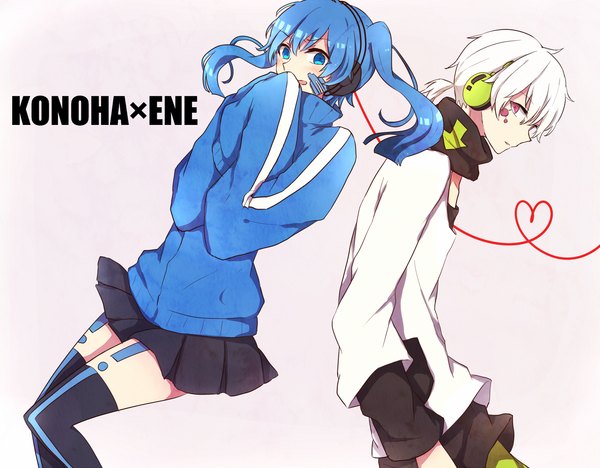 Anime picture 1282x1000 with kagerou project shaft (studio) ene (kagerou project) konoha (kagerou project) ringomaru long hair looking at viewer blush short hair open mouth simple background twintails blue hair white hair long sleeves profile couple character names pink background heart of string