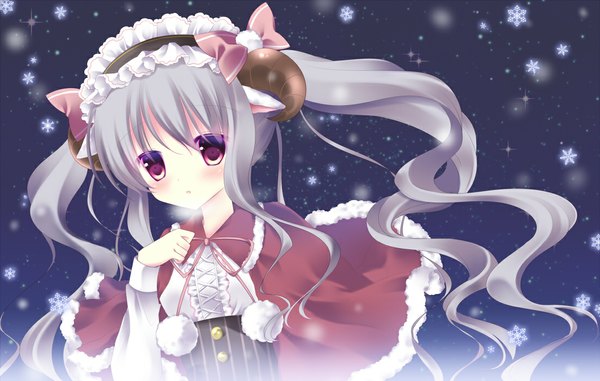 Anime picture 1102x700 with original shibainu niki single long hair looking at viewer blush twintails purple eyes horn (horns) grey hair snowing exhalation girl dress snowflake (snowflakes) pom pom (clothes)