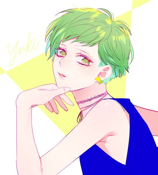 Anime picture 1223x1353 with a3! rurikawa yuki artwele single tall image looking at viewer short hair bare shoulders green eyes parted lips green hair character names portrait otoko no ko chin rest boy earrings choker
