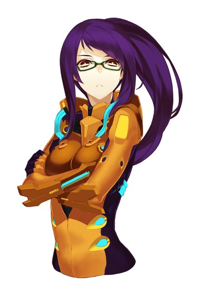 Anime picture 845x1200 with steel chronicle anna bernhard 92m single long hair tall image looking at viewer simple background white background purple hair ponytail orange eyes crossed arms girl earrings glasses bodysuit
