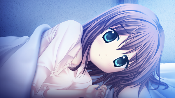 Anime picture 1280x720 with aqua (game) nonomiya chisa akizuki tsukasa short hair blue eyes smile brown hair wide image game cg girl pajamas