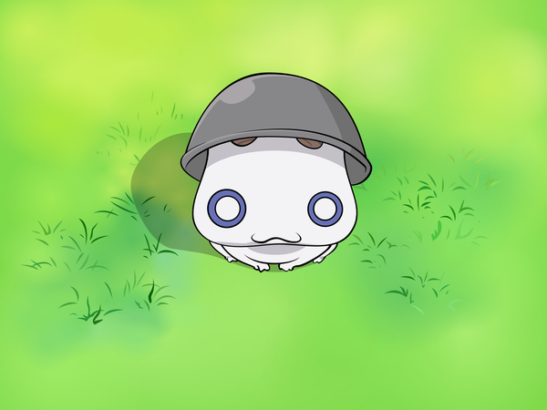 Anime picture 1600x1200 with aria aria pokoteng looking at viewer smile sitting outdoors shadow no people vector :3 green background o o plant (plants) animal cat grass helmet hardhat