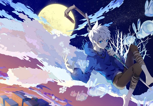 Anime picture 1400x973 with rise of the guardians dreamworks jack frost (rise of the guardians) moca (p0ckylo) single looking at viewer short hair blue eyes smile sky cloud (clouds) white hair barefoot night flying silhouette bare tree milky way boy plant (plants)