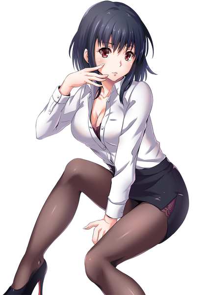 Anime picture 800x1131 with kantai collection yamashiro battleship sakiyamama single tall image looking at viewer short hair black hair simple background red eyes white background office lady girl skirt miniskirt shirt pantyhose white shirt black pantyhose pencil skirt