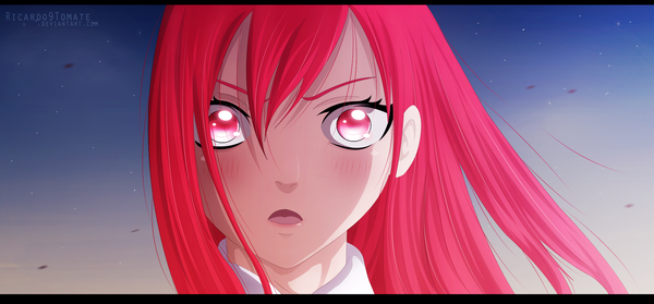 Anime picture 2000x932 with fairy tail erza scarlet ric9duran single long hair blush highres open mouth wide image pink hair pink eyes night sky coloring letterboxed close-up face girl star (stars)