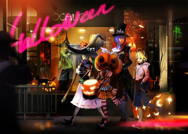 Anime picture 1024x729 with vocaloid hatsune miku kagamine rin kagamine len kaito (vocaloid) alphonse (white datura) halloween witch girl cat vegetables jack-o'-lantern pumpkin