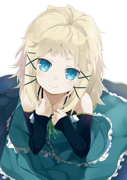Anime picture 1240x1754 with black bullet kinema citrus tina sprout cauliflower (artist) single tall image looking at viewer blush short hair blue eyes simple background blonde hair smile white background bare shoulders girl dress x hair ornament blue dress