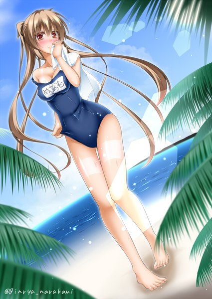 Anime picture 644x910 with kantai collection murasame destroyer narukami ginryuu single long hair tall image looking at viewer blush breasts light erotic brown hair twintails beach girl swimsuit one-piece swimsuit towel school swimsuit