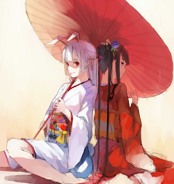 Anime picture 760x800 with touhou reisen udongein inaba houraisan kaguya yasumo (kuusouorbital) long hair tall image looking at viewer fringe blue eyes black hair smile red eyes sitting multiple girls animal ears purple hair traditional clothes japanese clothes barefoot hair flower