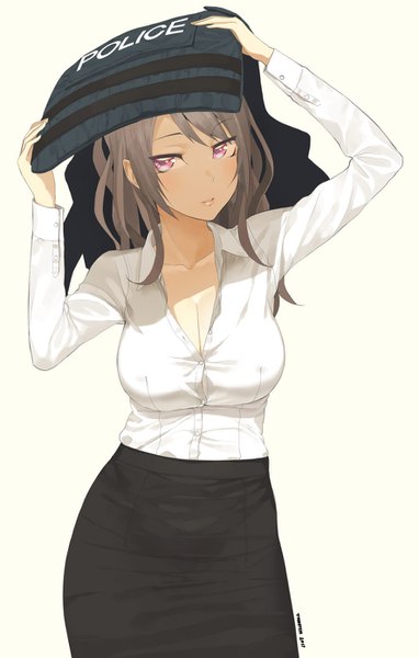 Anime picture 885x1388 with original throtem single long hair tall image looking at viewer breasts light erotic simple background brown hair large breasts standing white background signed cleavage pink eyes arms up partially open clothes office lady policewoman