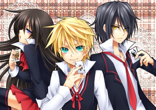 Anime picture 1200x847 with pandora hearts xebec alice (pandora hearts) oz vessalius gilbert nightray long hair short hair blue eyes black hair blonde hair green eyes yellow eyes multiple boys group girl boy necktie 2 boys card (cards)