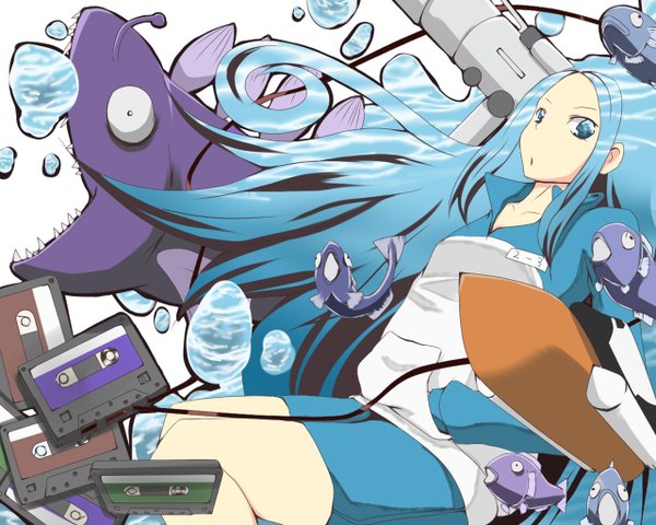 Anime picture 1280x1024 with arakawa under the bridge shaft (studio) nino long hair blue eyes blue hair girl uniform fish (fishes) gym uniform shark telescope