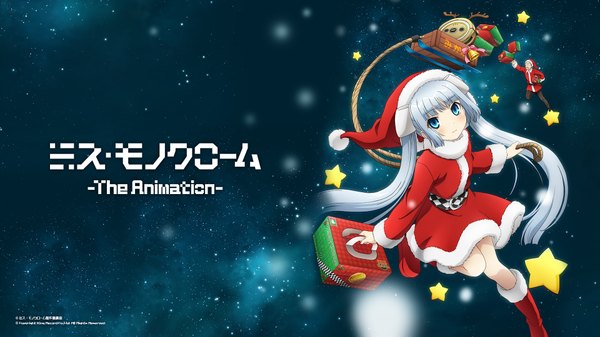 Anime picture 1920x1080 with miss monochrome miss monochrome (character) long hair looking at viewer blush highres blue eyes wide image twintails silver hair christmas merry christmas girl hat boots star (symbol) star (stars) gift santa claus hat santa claus costume
