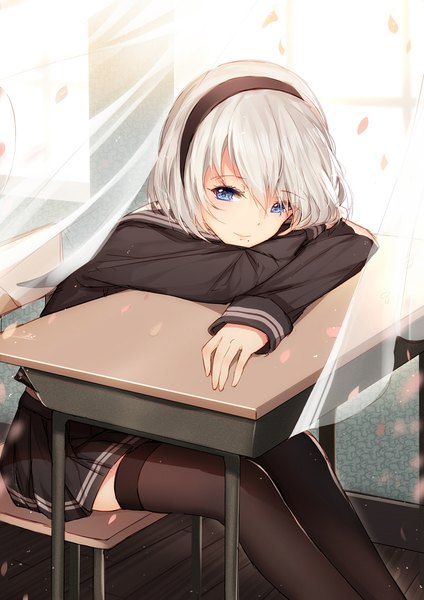 Anime picture 800x1131 with nier nier:automata yorha no. 2 type b bison cangshu single tall image looking at viewer fringe short hair blue eyes smile hair between eyes sitting white hair indoors long sleeves light smile wind sunlight mole