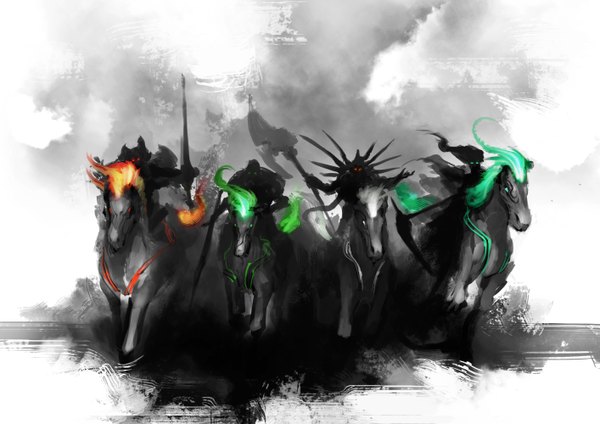 Anime picture 2828x2000 with original daniel kamarudin highres glowing army gloom weapon fire scythe polearm horse