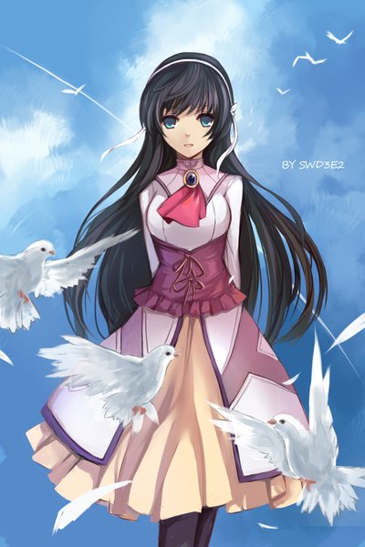 Anime picture 1417x2125 with original swd3e2 single long hair tall image looking at viewer blue eyes black hair sky cloud (clouds) girl dress animal hairband bird (birds) pigeon