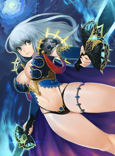Anime picture 800x1078 with bling single long hair tall image breasts light erotic large breasts yellow eyes looking away silver hair girl navel weapon sword