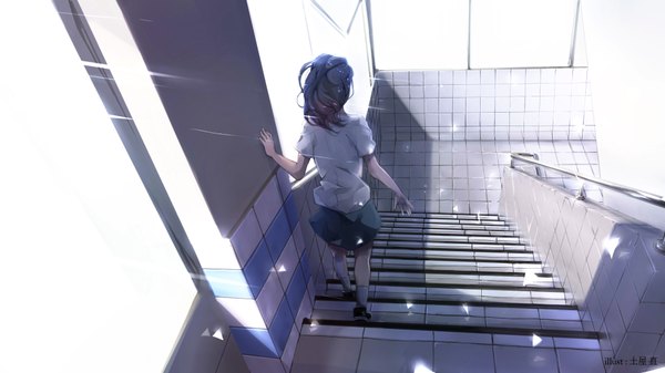Anime picture 1920x1080 with original lien-tsu single highres short hair black hair wide image indoors from behind sunlight girl skirt shirt white shirt stairs