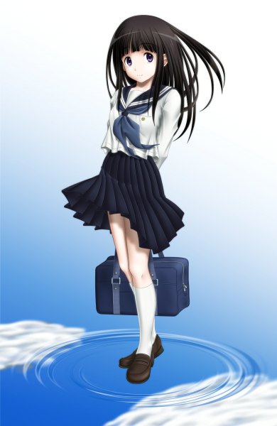 Anime picture 780x1200 with hyouka kyoto animation chitanda eru mushoku no hourousha single long hair tall image looking at viewer black hair purple eyes girl skirt uniform school uniform socks serafuku white socks