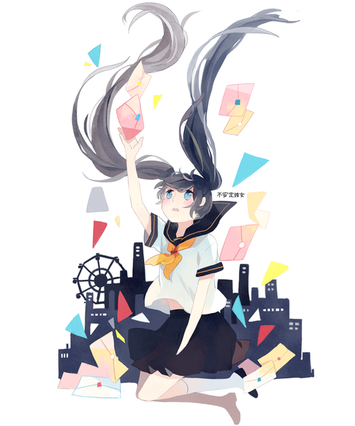 Anime picture 1000x1200 with vocaloid hatsune miku kyang692 single long hair tall image blush open mouth blue eyes black hair simple background white background twintails looking up girl socks serafuku white socks skyscraper letter