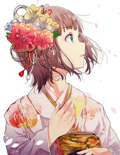 Anime picture 793x1024 with idolmaster amami haruka yae (mono110) single tall image short hair simple background brown hair white background green eyes signed looking away traditional clothes japanese clothes wind floral print girl hair ornament petals yukata