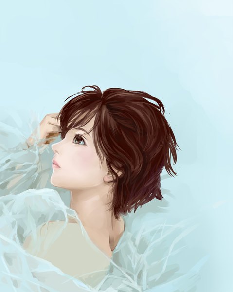 Anime picture 1500x1878 with original monogo single tall image short hair simple background brown hair bare shoulders brown eyes looking away close-up blue background girl transparent clothing