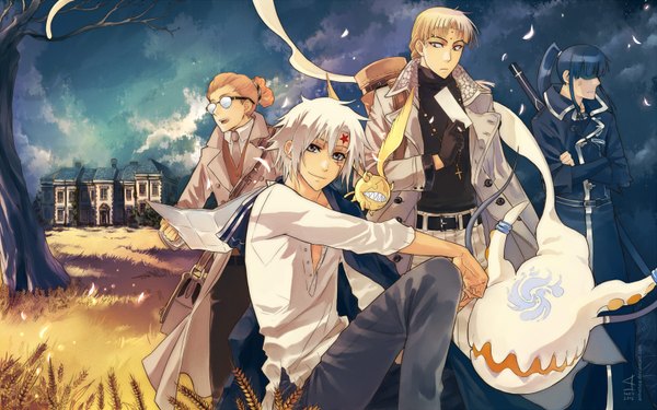 Anime picture 1680x1050 with d.gray-man allen walker kanda yuu timcanpy howard link johnny gill anhellica long hair short hair blonde hair smile standing sitting yellow eyes blue hair looking away sky cloud (clouds) white hair ponytail