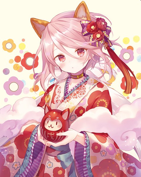 Anime picture 638x800 with original ibara riato single tall image looking at viewer blush fringe short hair hair between eyes holding animal ears pink hair traditional clothes head tilt japanese clothes pink eyes :o floral background girl hair ornament