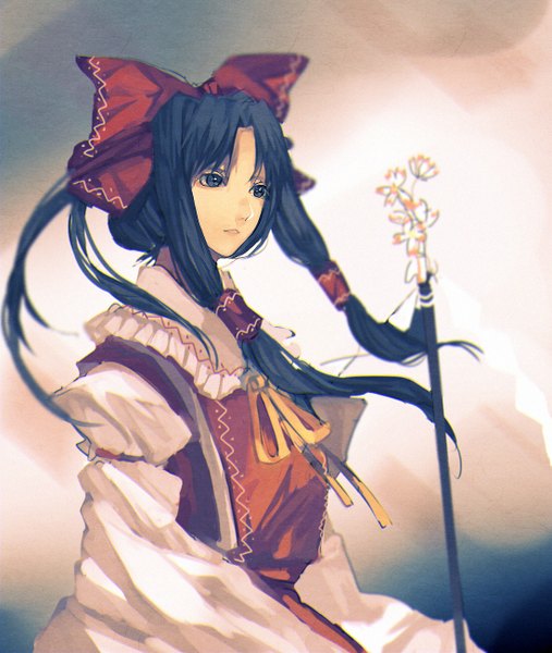 Anime picture 1100x1300 with touhou hakurei reimu tian (my dear) single long hair tall image black hair looking away traditional clothes wind black eyes miko girl bow hair bow