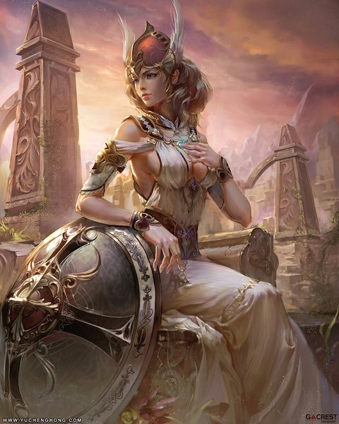 Anime picture 760x950 with yu cheng hong single long hair tall image light erotic brown hair sitting bare shoulders looking away girl dress earrings helmet shield
