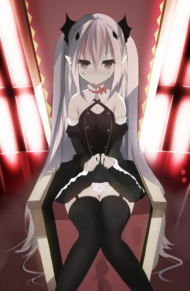 Anime picture 1000x1526 with owari no seraph wit studio kururu tepes senya fuurin single tall image looking at viewer blush light erotic hair between eyes sitting twintails bare shoulders brown eyes very long hair from above pointy ears grey hair skirt lift girl