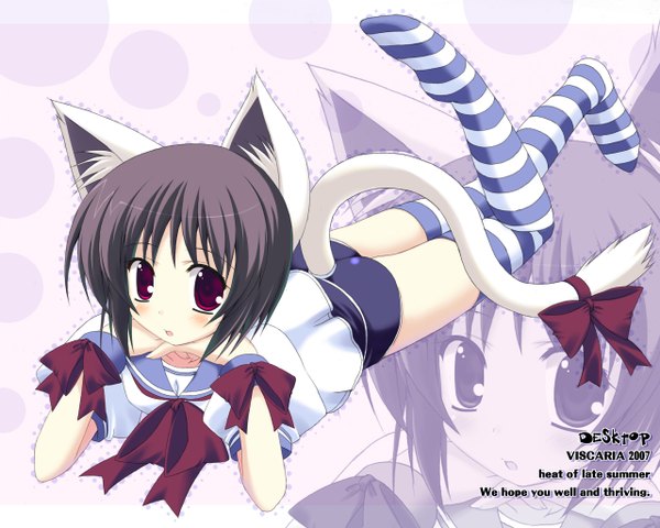 Anime picture 1280x1024 with animal ears tail cat girl girl thighhighs uniform ribbon (ribbons) school uniform