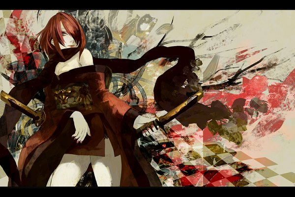 Anime picture 1152x770 with original single fringe short hair red hair japanese clothes hair over one eye girl weapon sword kimono scarf katana